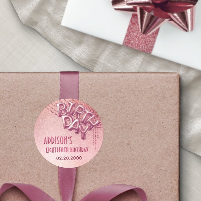 Adesivo Redondo Aniversário do rosa Gold Foil Balloons (Criador carregado)