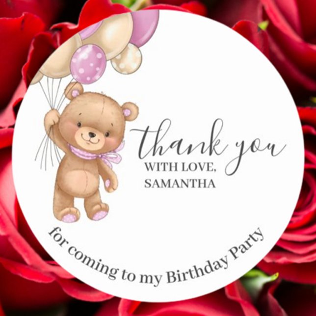 Adesivo Redondo Aniversário do Teddy Bear PINK Balões Obrigado (Express heartfelt gratitude with our Teddy Bear PINK Balloons Birthday Thank You Sticker)