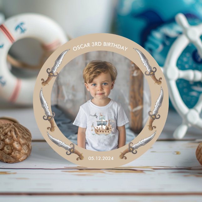 Adesivo Redondo Aniversário do Tema Náutico Marrom do Navio Pirata (Criador carregado)