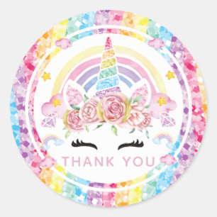 Adesivo Redondo Aniversário do Unicórnio Rainbow Obrigado