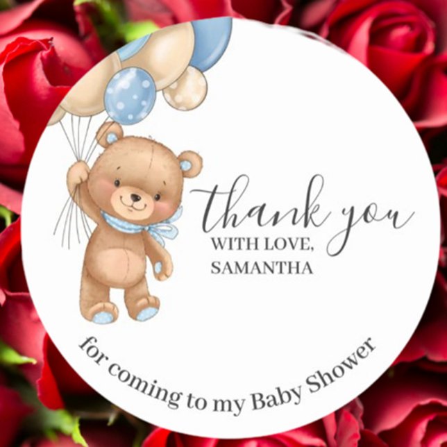 Adesivo Redondo Aniversário do Urso de Teddy Obrigado Blue Boy (Express heartfelt thanks with our Teddy Bear Balloons Birthday Thank You Blue Boy Sticker)