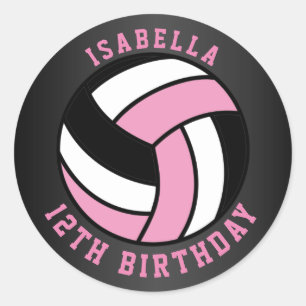 Adesivo Redondo Aniversário do Voleibol Rosa, Negro e Branco