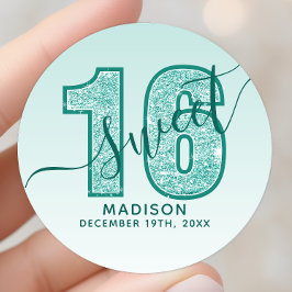 Adesivo Redondo Aniversário Doce 16 Script Glitter Água Teal