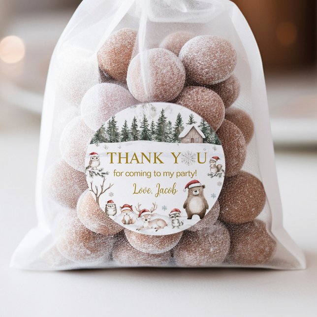 Adesivo Redondo Aniversário dos Animais da Floresta de inverno (Criador carregado)