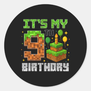 Adesivo Redondo Aniversário É o meu 9º Aniversário Gamer Pixel Boy