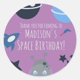 Adesivo Redondo Aniversário Espacial Tema Alien Azul Roxo