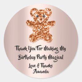 Adesivo Redondo Aniversário Favor Rosa Laranja Faísca Glitter Urso