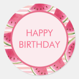 Adesivo Redondo Aniversário feliz da melancia listrada a rosa mode