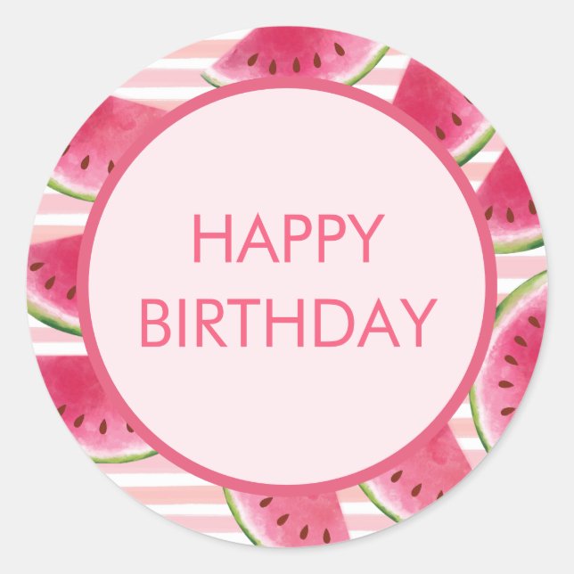 Adesivo Redondo Aniversário feliz da melancia listrada a rosa mode (Frente)