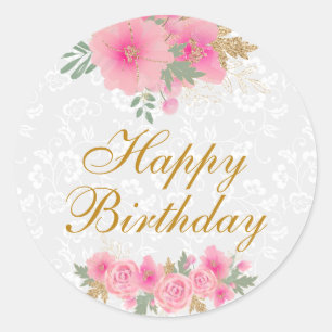 Adesivo Redondo Aniversário feliz das flores rosa-d'água