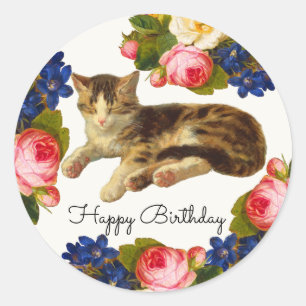 Adesivo Redondo Aniversário Feliz Floral Gato Adormecido Vitoriano