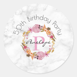 Adesivo Redondo Aniversário floral cor-de-rosa bonito do monogram