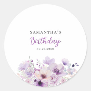 Adesivo Redondo Aniversário Floral Roxo Personalizado