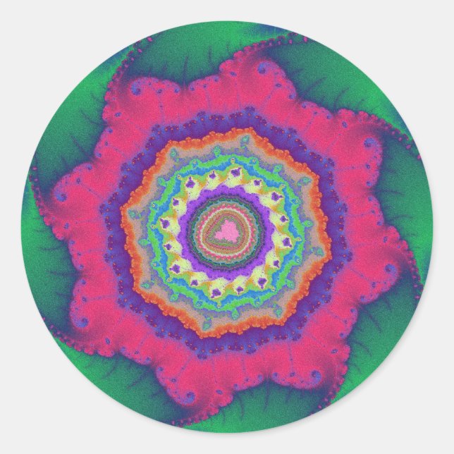 Adesivo Redondo Aniversário Fractal Verde e Rosa (Frente)