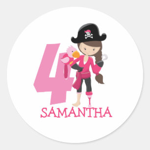 Adesivo Redondo Aniversário GIRL Papagaio Pirata 4º Nome
