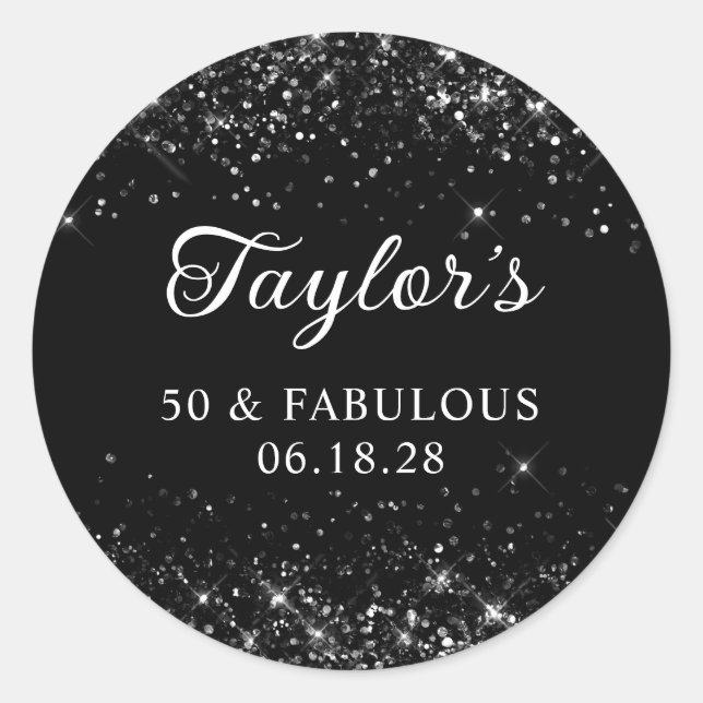 Adesivo Redondo Aniversário Glittery Black 50th (Frente)