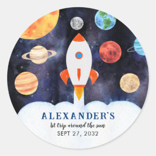 Adesivo Redondo Aniversário Infantil Foguete Espaço Planetas Galáx