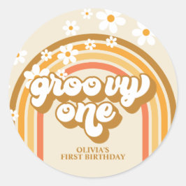 Adesivo Redondo Aniversário Marrom Laranja Arco-íris Groovy Retrô