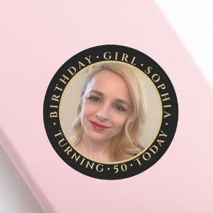 Adesivo Redondo Aniversário Menina Nome Idade Foto Elegante Preto 