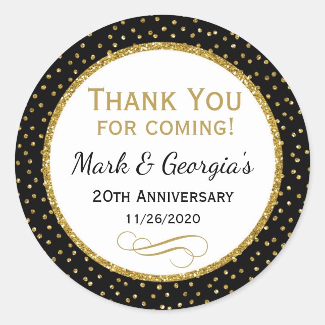 Adesivo Redondo Aniversário negro Dourado Obrigado Favorecer Etiqu (Frente)