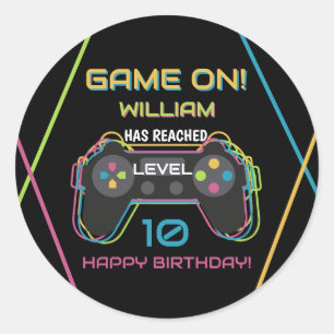 Adesivo Redondo Aniversário Neon de Jogo de Vídeo de Adolescente