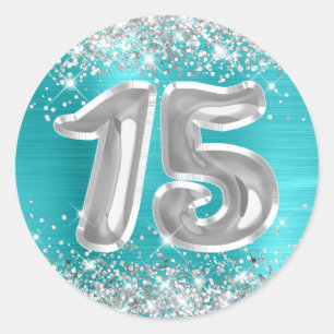 Adesivo Redondo Aniversário Número 15 Azul Turquesa Brilho Prata