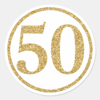 Adesivo Redondo Aniversário Número 50 Dourado Brilhante