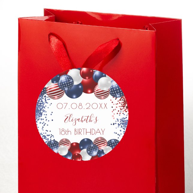 Adesivo Redondo Aniversário patriótico EUA vermelho bandeira azul (Criador carregado)