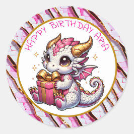Adesivo Redondo Aniversário Personalizado da Menina de Dragão Rosa