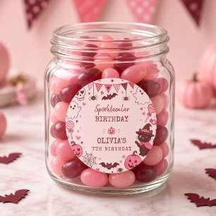 Adesivo Redondo Aniversário Personalizado Fantasmagórico Rosa Verm