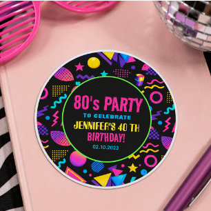 Adesivo Redondo Aniversário Personalizado Neon Retro 80 – Diversão
