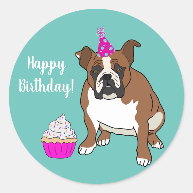 Adesivo Redondo Aniversário personalizável do Bulldog Inglês (Frente)