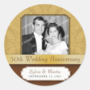 Adesivo Redondo Aniversário quadro do ouro 50th do damasco