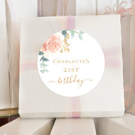 Adesivo Redondo Aniversário rosa de ouro floral eucalipto verde