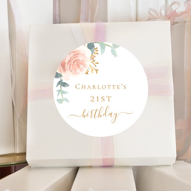 Adesivo Redondo Aniversário rosa de ouro floral eucalipto verde (Criador carregado)