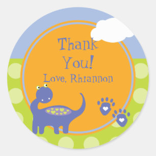 Adesivo Redondo Aniversário roxo do dinossauro com obrigado dos