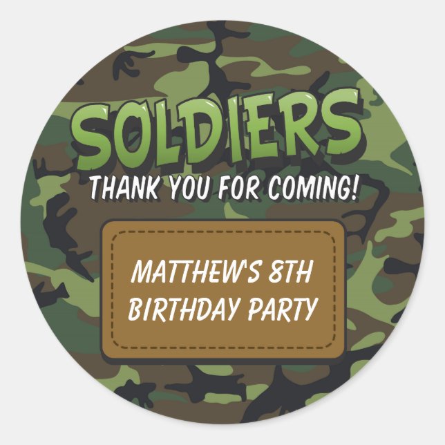 Adesivo Redondo Aniversários de criança de Tema Quadrinhos de Camo (Frente)