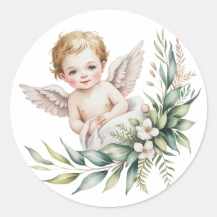 Adesivo Redondo Anjo Bebê Aquarela Asas de Pena Batismo