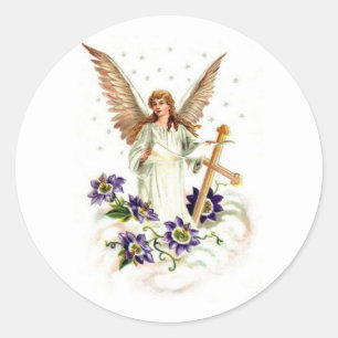 Adesivo Redondo Anjo Com Cruz E Flores De Clematite