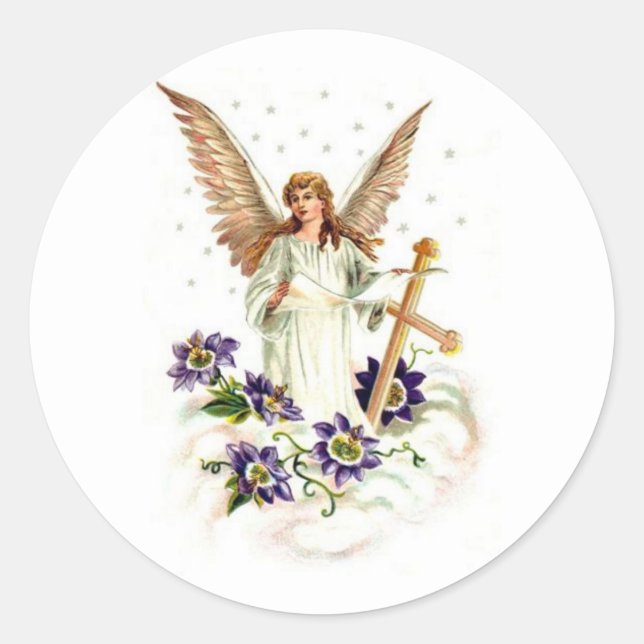 Adesivo Redondo Anjo Com Cruz E Flores De Clematite (Frente)