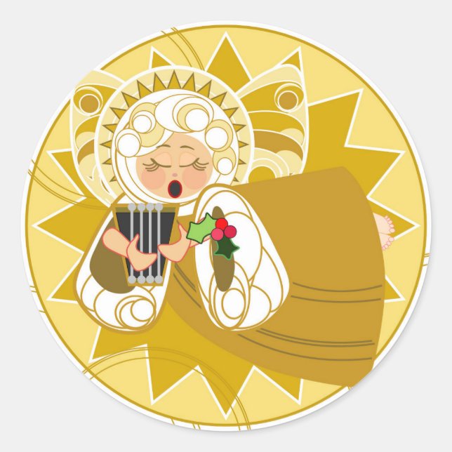 Adesivo Redondo Anjo com Harp Sticker — Dourado (Frente)