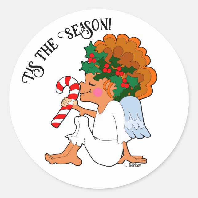 Adesivo Redondo Anjo de Cartoon com Vinheta de Caneta Doce (Frente)