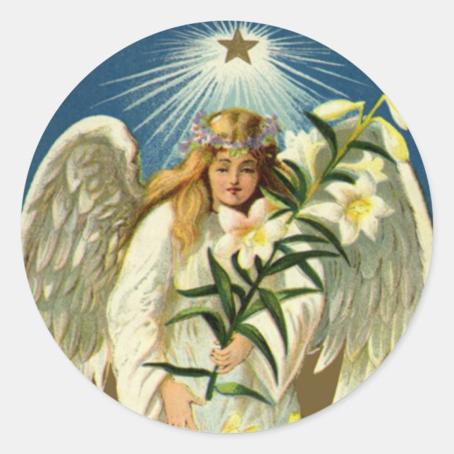 Adesivo Redondo Anjo de Páscoa, Lamb, Flor Lily, Estrela Dourada (Frente)