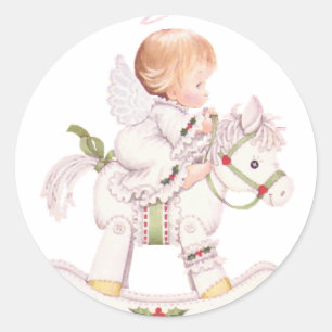 Adesivo Redondo Anjo Fofo em um Cavalo de Balanço Branco de Natal