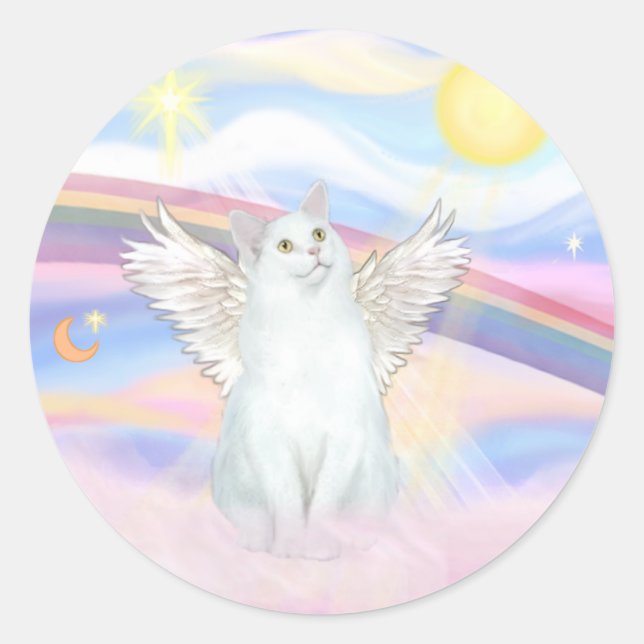Adesivo Redondo Anjo Gato Branco nas Nuvens (Frente)