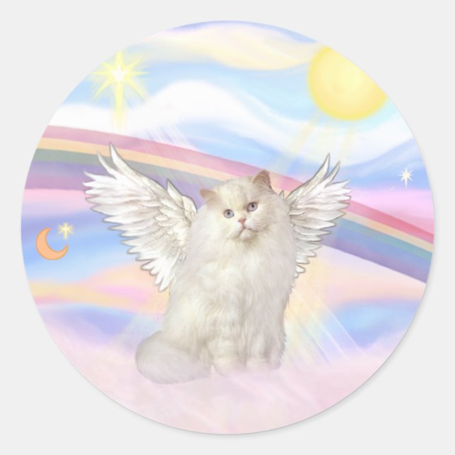 Adesivo Redondo Anjo Gato Persa Branco nas Nuvens (Frente)