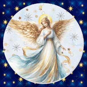 Adesivo Redondo Anjo Natal Dourado Blue Watercolor