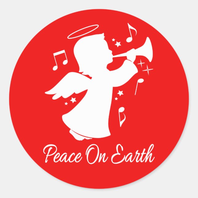 Adesivo Redondo Anjo que funde uma trombeta com notas (Frente)