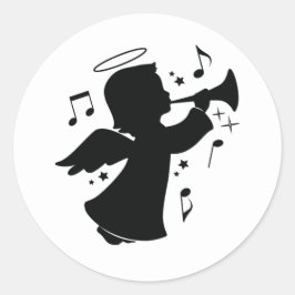 Adesivo Redondo Anjo soprando um trompete com notas