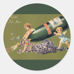 Adesivo Redondo Anjos do vintage com Champagne; Um feliz ano novo